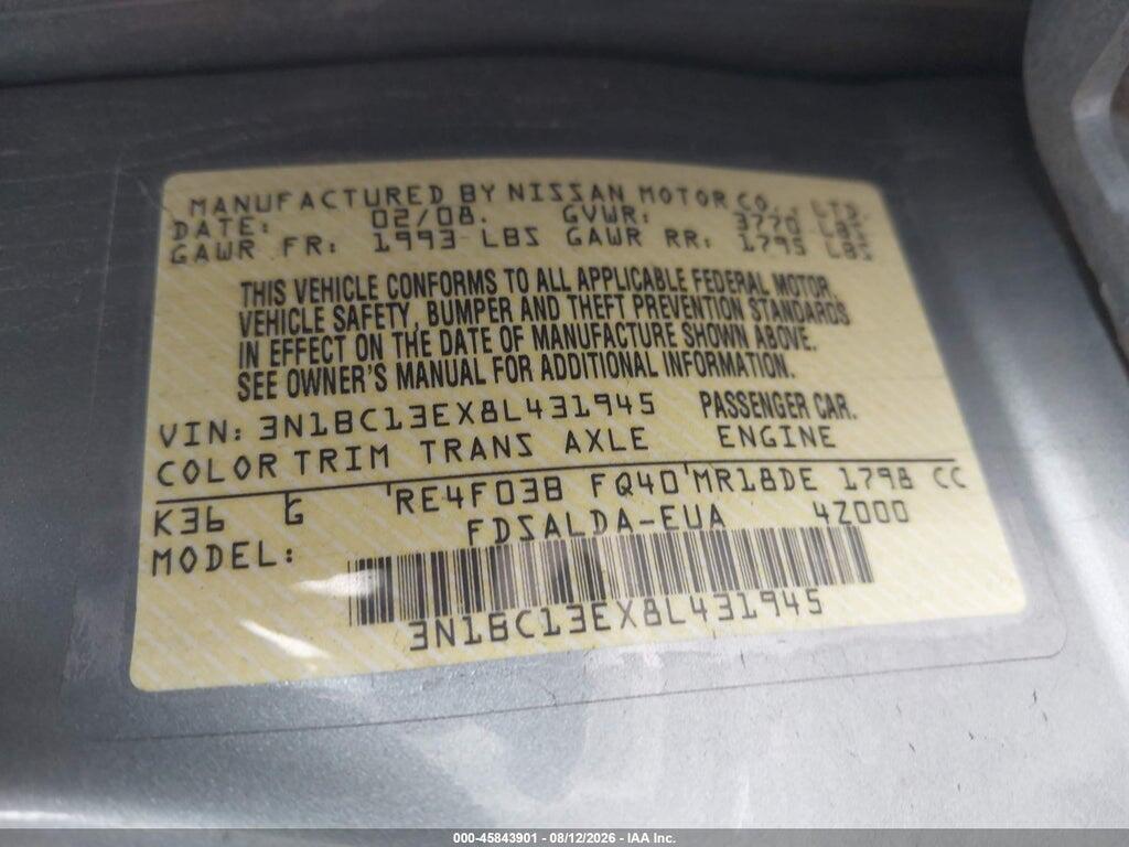 3N1BC13EX8L431945 2008 NISSAN VERSA photo no. 9