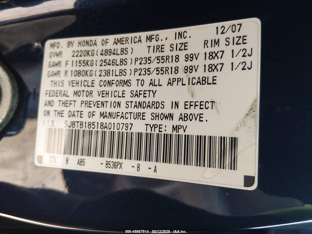 5J8TB18518A010797 2008 ACURA RDX photo no. 9
