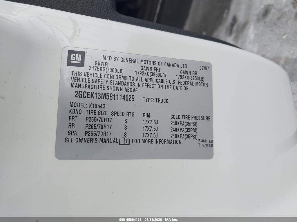 2GCEK13M581114029 2008 CHEVROLET SILVERADO 1500 photo no. 9