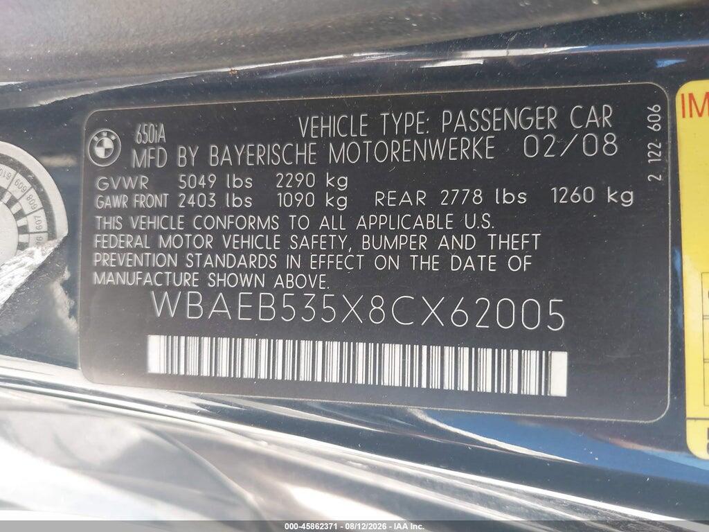 WBAEB535X8CX62005 2008 BMW 650I photo no. 9