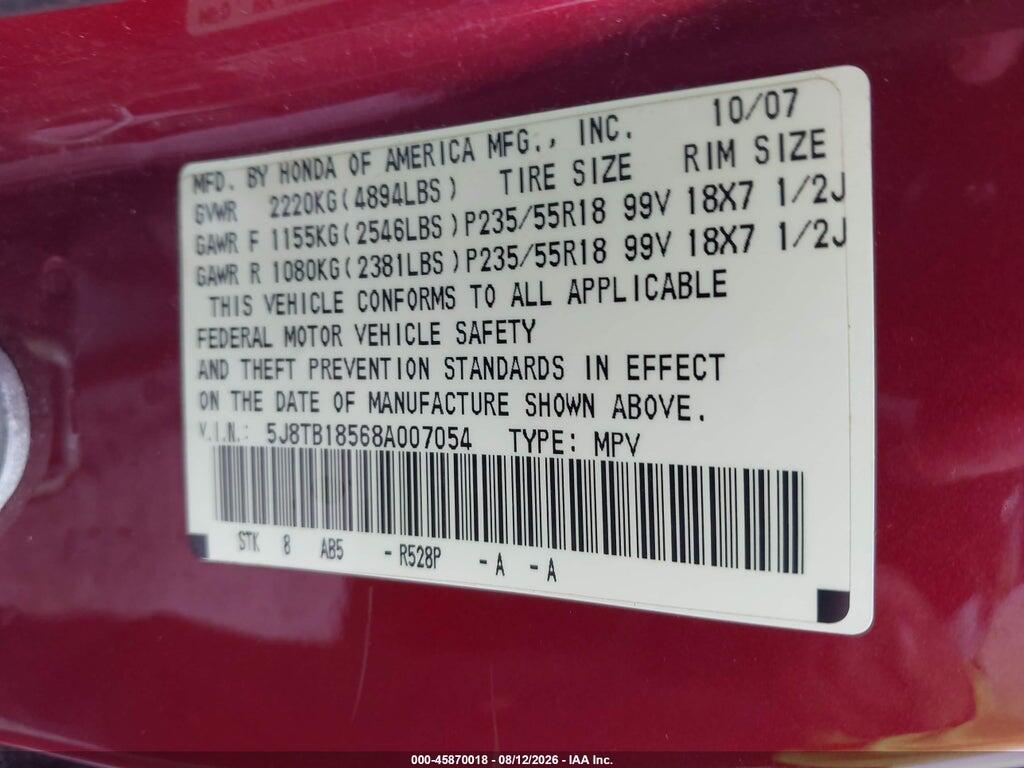 5J8TB18568A007054 2008 ACURA RDX photo no. 9
