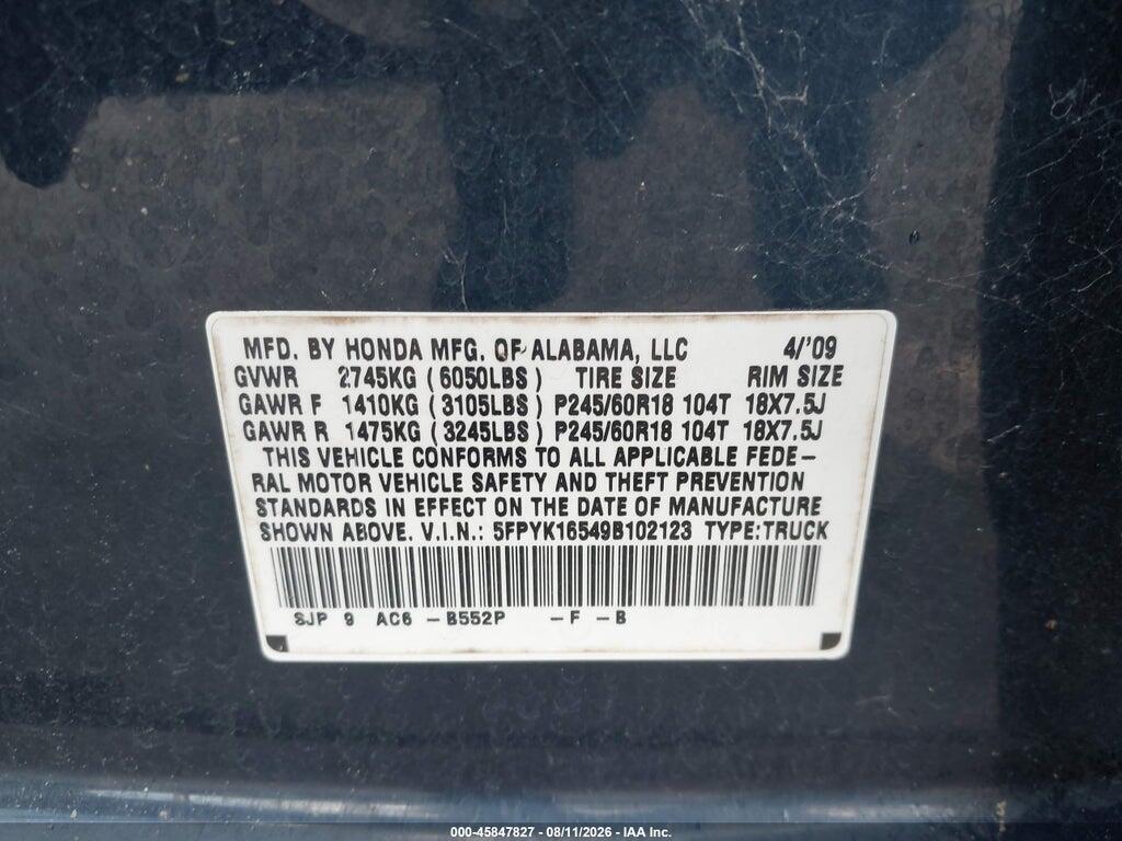 5FPYK16549B102123 2009 HONDA RIDGELINE photo no. 9