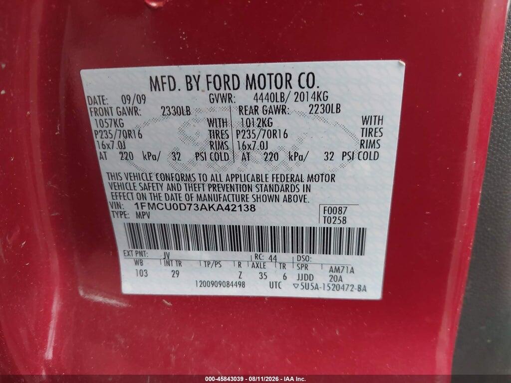 1FMCU0D73AKA42138 2010 FORD ESCAPE photo no. 9