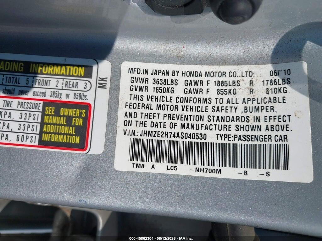 JHMZE2H74AS040530 2010 HONDA INSIGHT photo no. 9