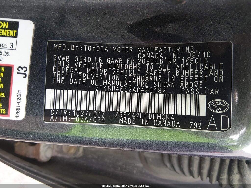 2T1BU4EE2AC490182 2010 TOYOTA COROLLA photo no. 9