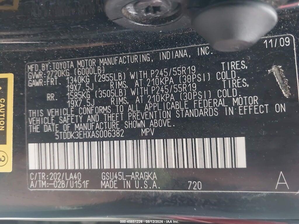 5TDDK3EHXAS006382 2010 TOYOTA HIGHLANDER photo no. 9