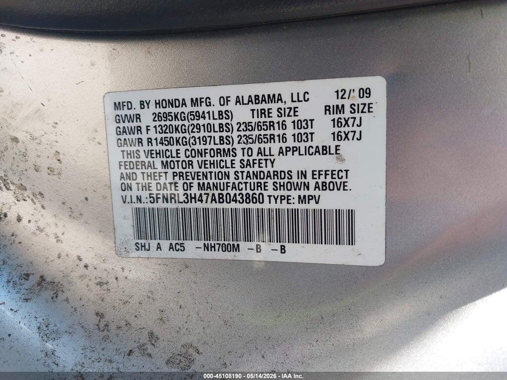 5FNRL3H47AB043860 2010 HONDA ODYSSEY photo no. 9