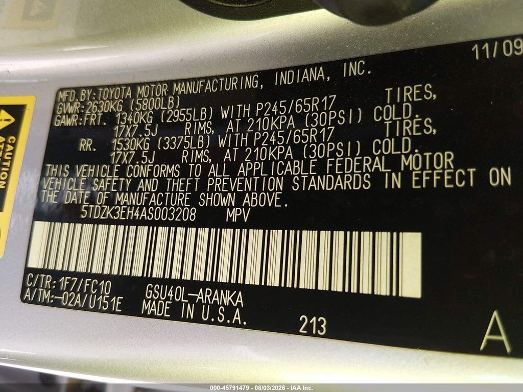 5TDZK3EH4AS003208 2010 TOYOTA HIGHLANDER photo no. 9