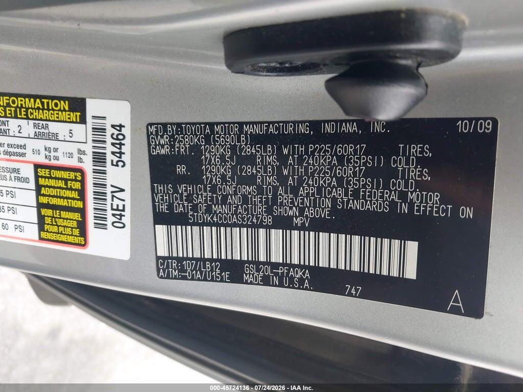 5TDYK4CC0AS324798 2010 TOYOTA SIENNA photo no. 9
