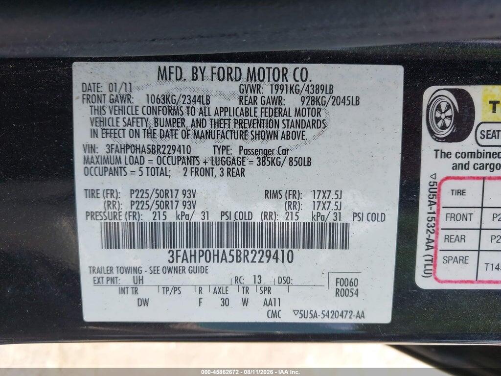 3FAHP0HA5BR229410 2011 FORD FUSION photo no. 9