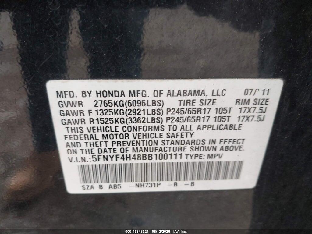 5FNYF4H48BB100111 2011 HONDA PILOT photo no. 9