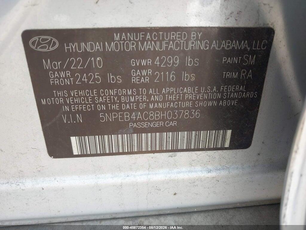 5NPEB4AC8BH037836 2011 HYUNDAI SONATA photo no. 9