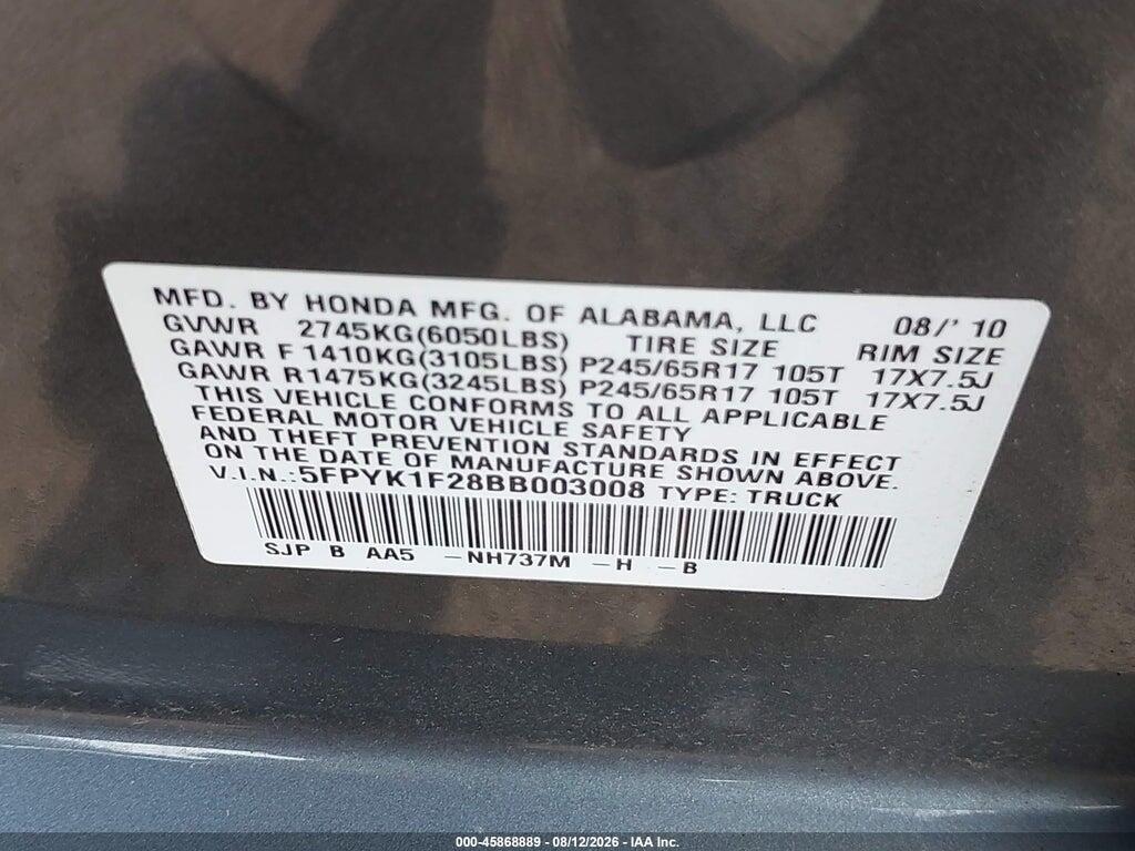 5FPYK1F28BB003008 2011 HONDA RIDGELINE photo no. 9