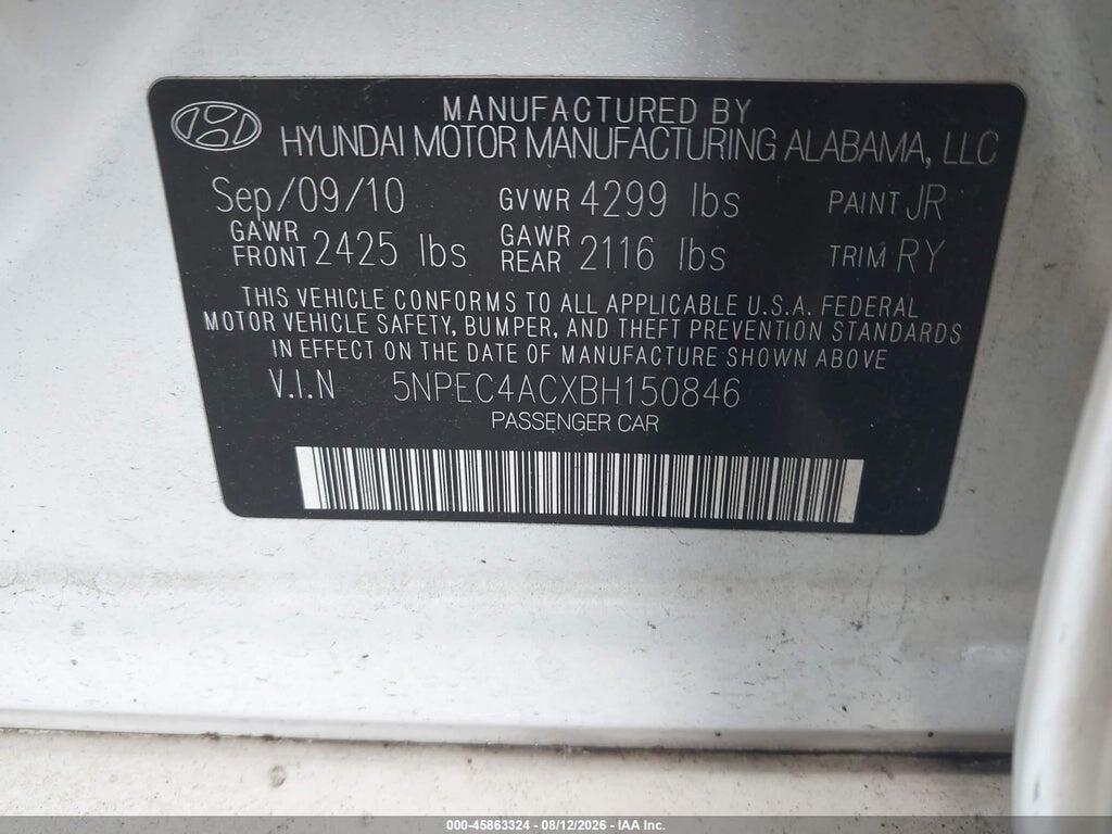 5NPEC4ACXBH150846 2011 HYUNDAI SONATA photo no. 9