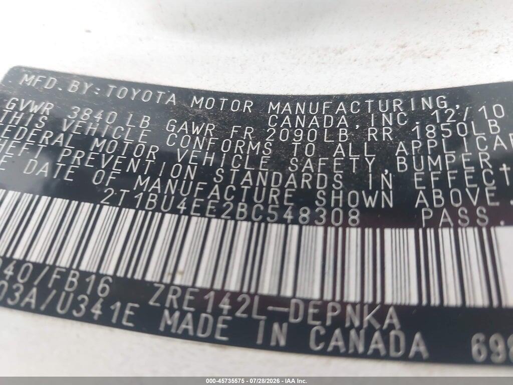 2T1BU4EE2BC548308 2011 TOYOTA COROLLA photo no. 9