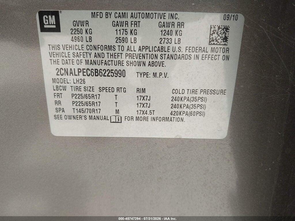 2CNALPEC6B6225990 2011 CHEVROLET EQUINOX photo no. 9