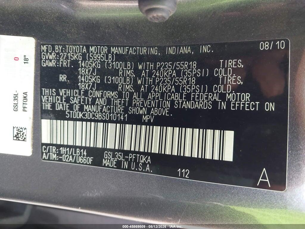 5TDDK3DC9BS010141 2011 TOYOTA SIENNA photo no. 9