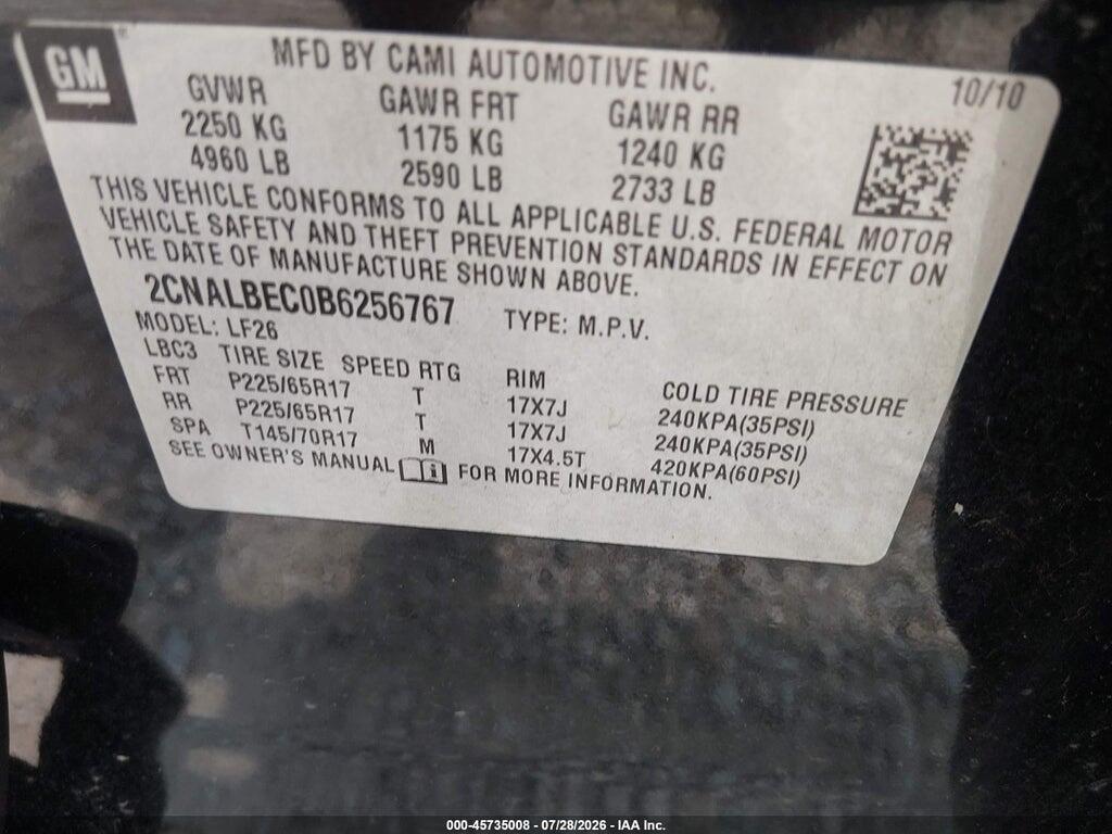 2CNALBEC0B6256767 2011 CHEVROLET EQUINOX photo no. 9
