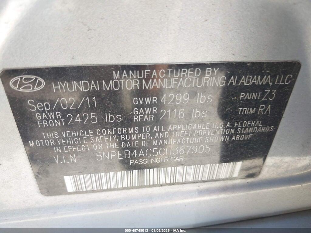 5NPEB4AC5CH367905 2012 HYUNDAI SONATA photo no. 9