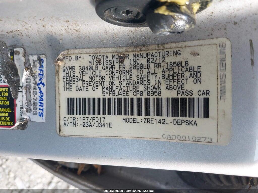 5YFBU4EE1CP010958 2012 TOYOTA COROLLA photo no. 9