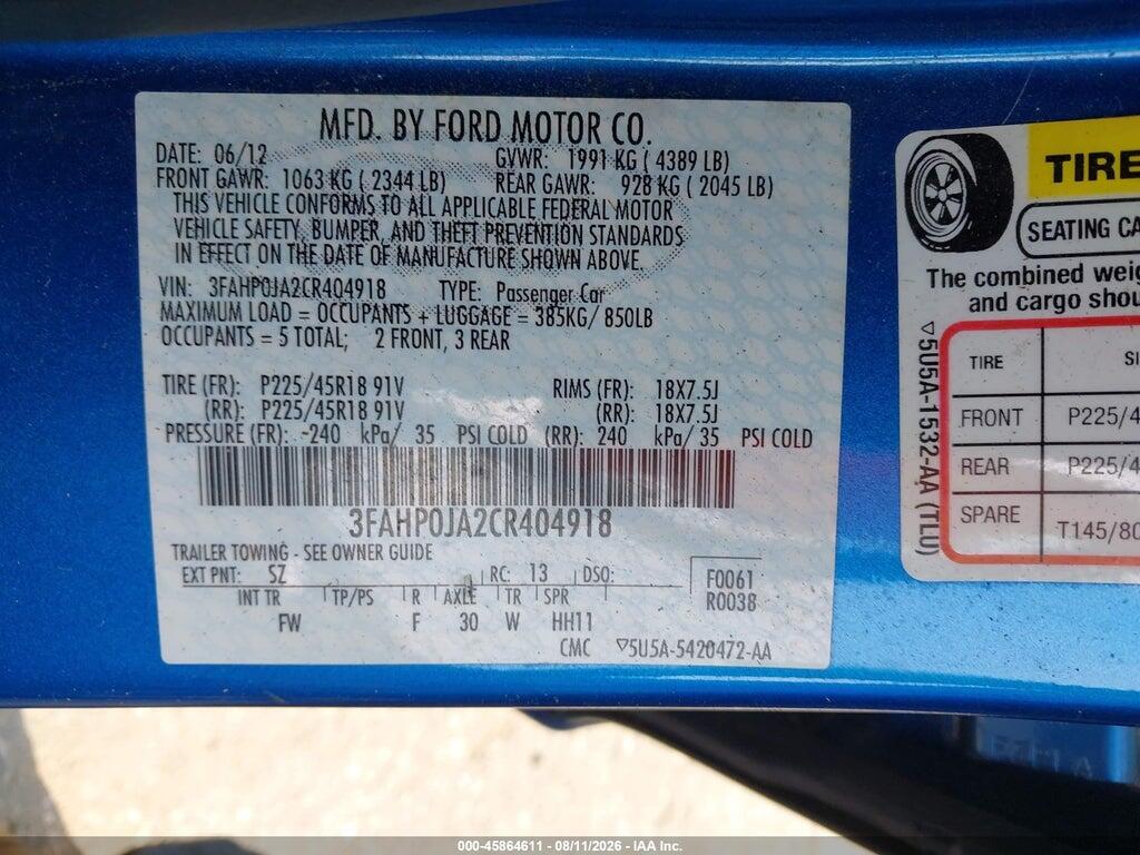 3FAHP0JA2CR404918 2012 FORD FUSION photo no. 9