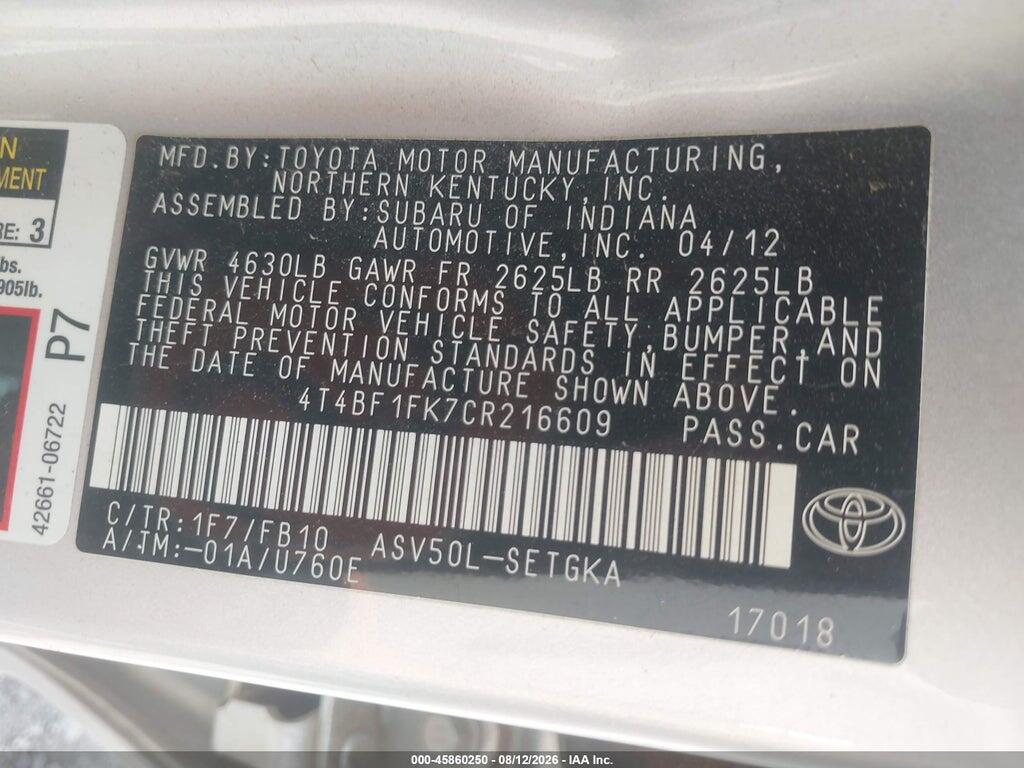 4T4BF1FK7CR216609 2012 TOYOTA CAMRY photo no. 9