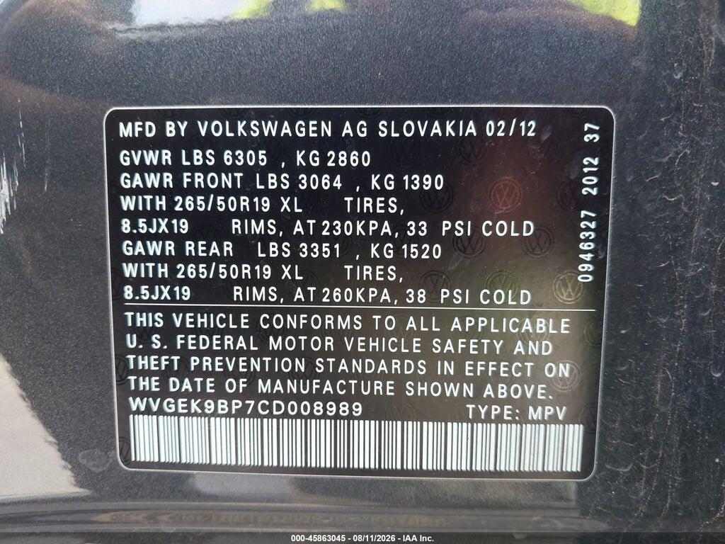 WVGEK9BP7CD008989 2012 VOLKSWAGEN TOUAREG photo no. 9