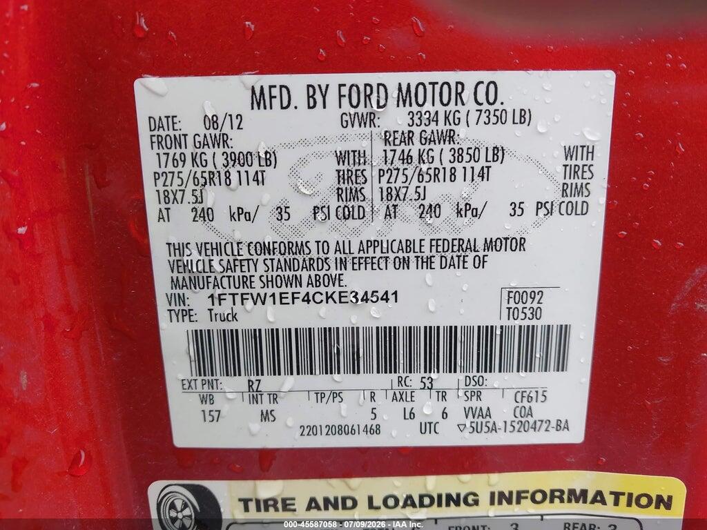 1FTFW1EF4CKE34541 2012 FORD F-150 photo no. 9