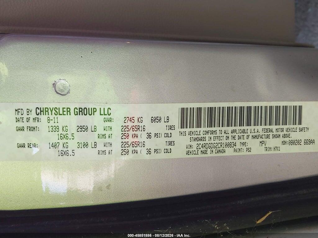 2C4RDGDG2CR100834 2012 DODGE GRAND CARAVAN photo no. 9