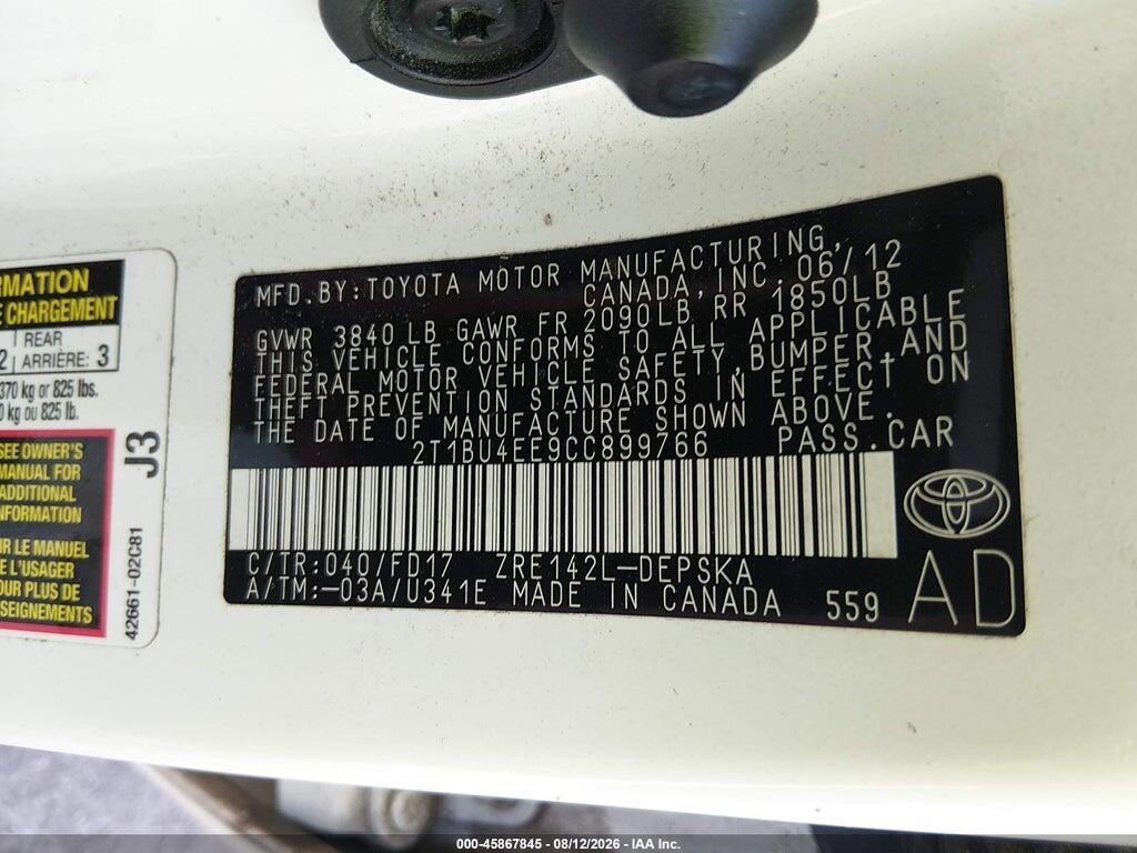 2T1BU4EE9CC899766 2012 TOYOTA COROLLA photo no. 9