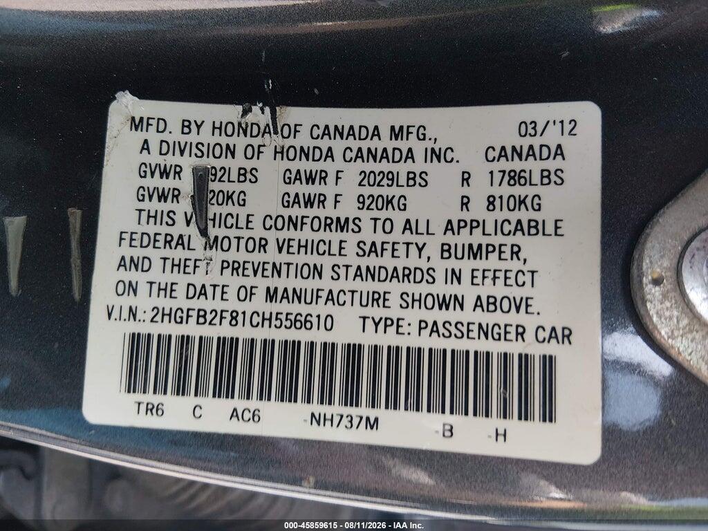 2HGFB2F81CH556610 2012 HONDA CIVIC photo no. 9