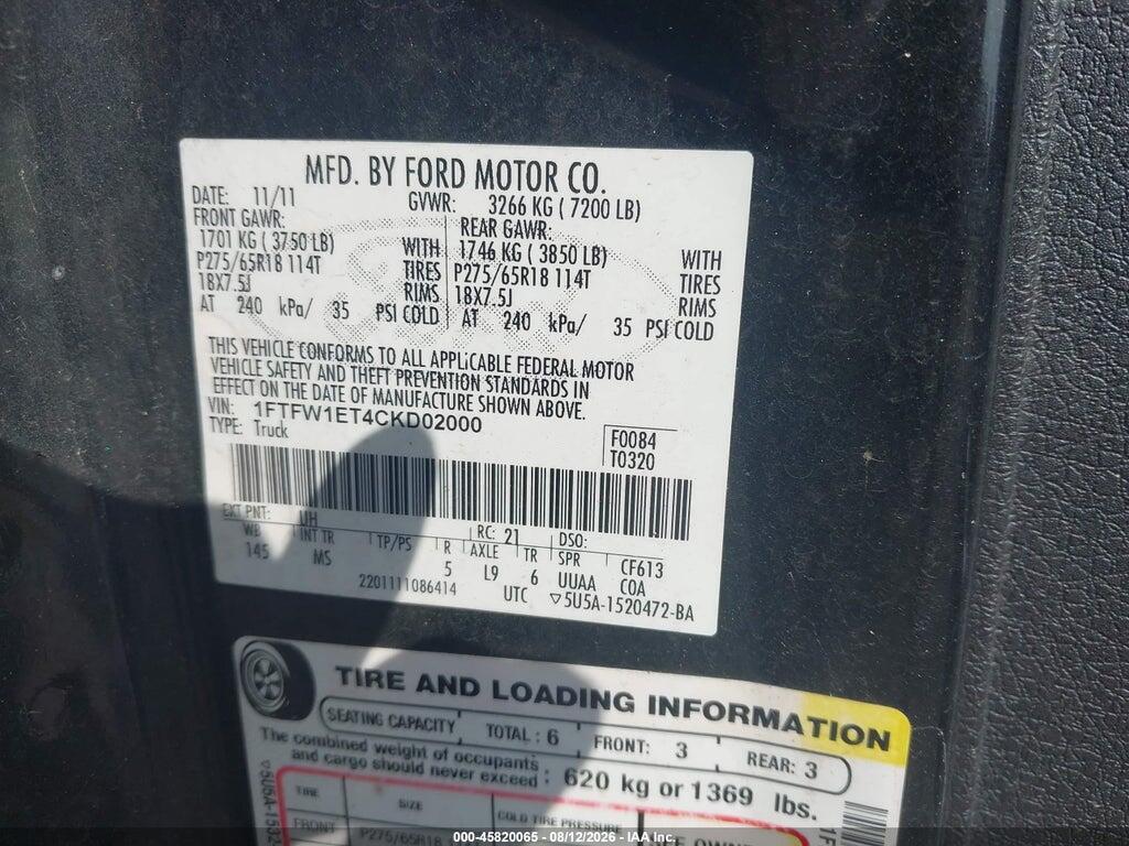 1FTFW1ET4CKD02000 2012 FORD F150 photo no. 9