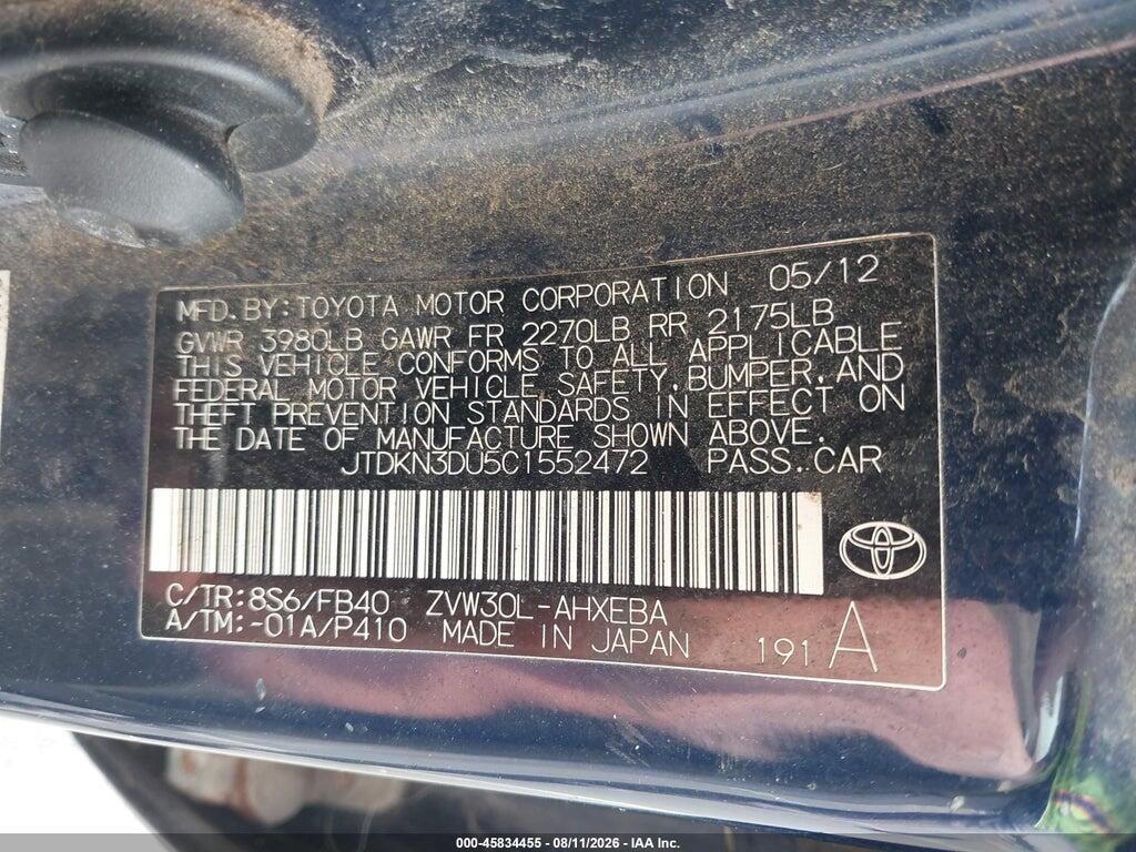 JTDKN3DU5C1552472 2012 TOYOTA PRIUS photo no. 9