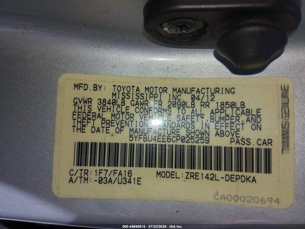 5YFBU4EE6CP025259 2012 TOYOTA COROLLA photo no. 9
