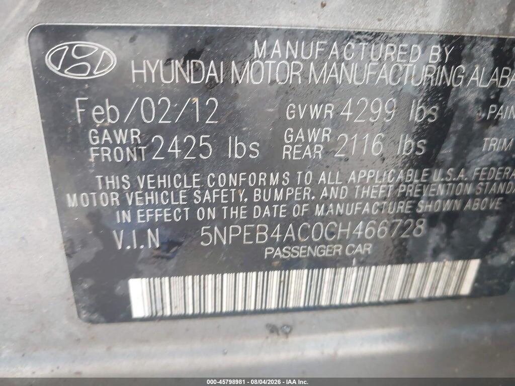 5NPEB4AC0CH466728 2012 HYUNDAI SONATA photo no. 9