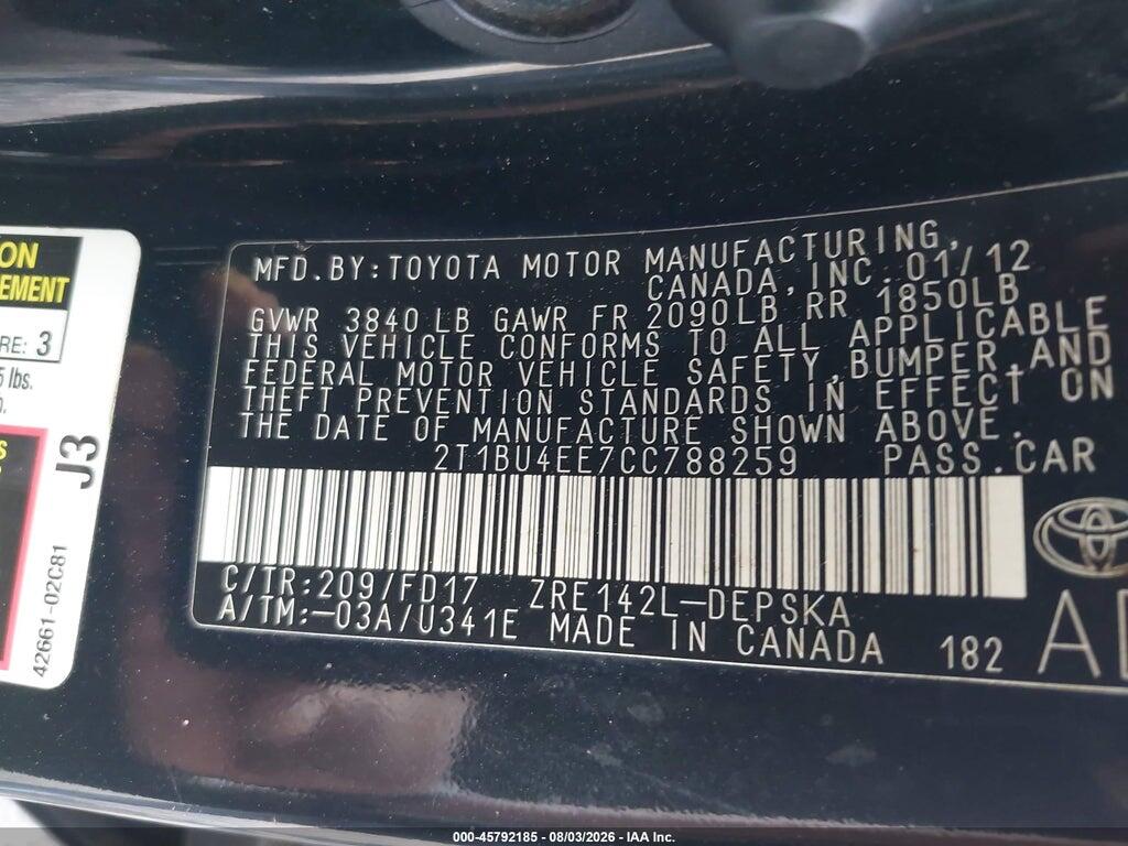 2T1BU4EE7CC788259 2012 TOYOTA COROLLA photo no. 9
