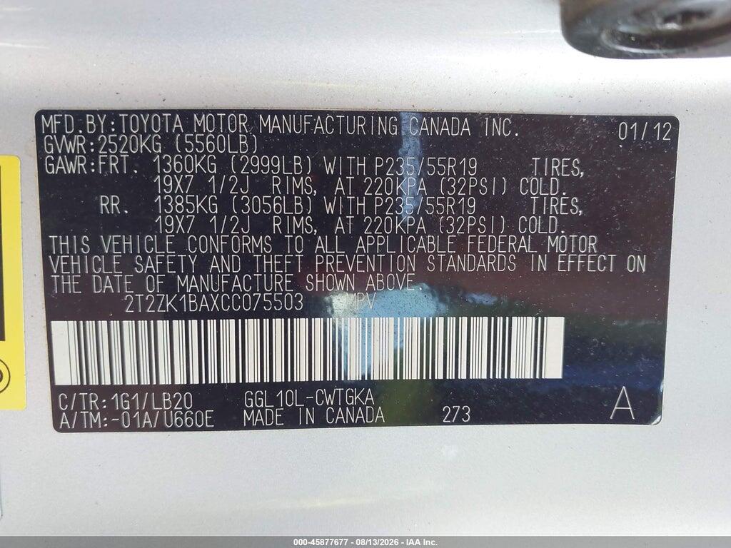 2T2ZK1BAXCC075503 2012 LEXUS RX 350 photo no. 9