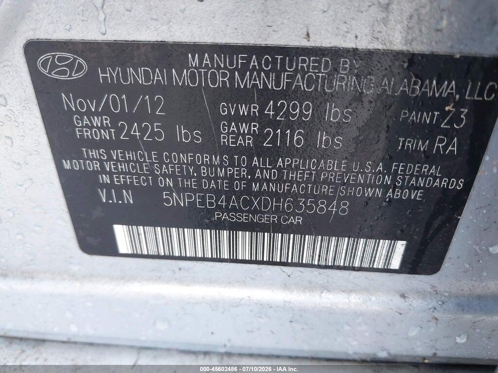 5NPEB4ACXDH635848 2013 HYUNDAI SONATA photo no. 9