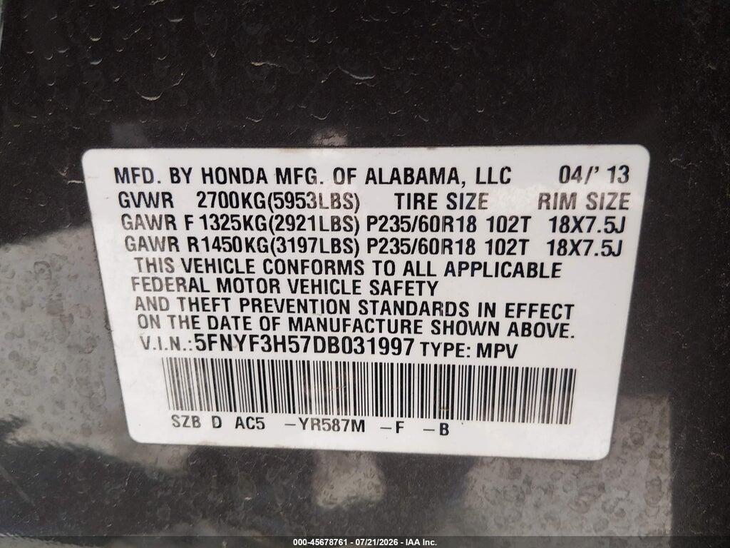 5FNYF3H57DB031997 2013 HONDA PILOT photo no. 9