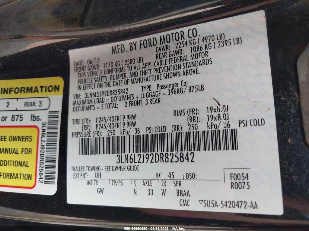 3LN6L2J92DR825842 2013 LINCOLN MKZ photo no. 9