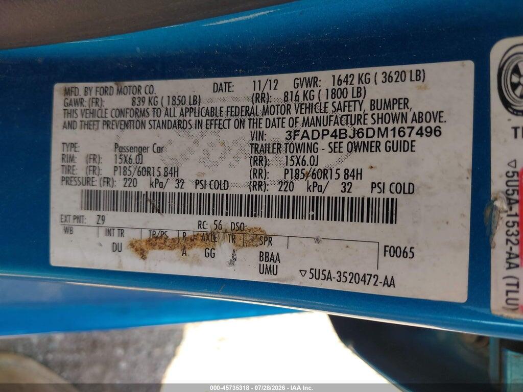 3FADP4BJ6DM167496 2013 FORD FIESTA photo no. 9