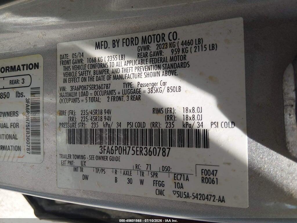 3FA6P0H75ER360787 2014 FORD FUSION photo no. 9