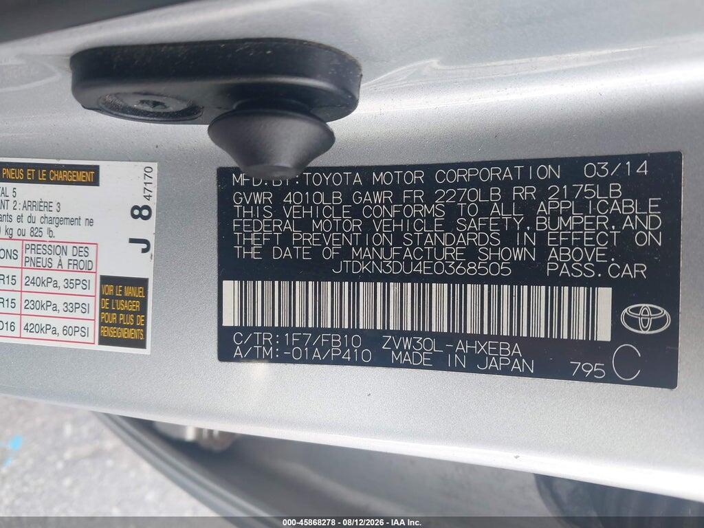 JTDKN3DU4E0368505 2014 TOYOTA PRIUS photo no. 9