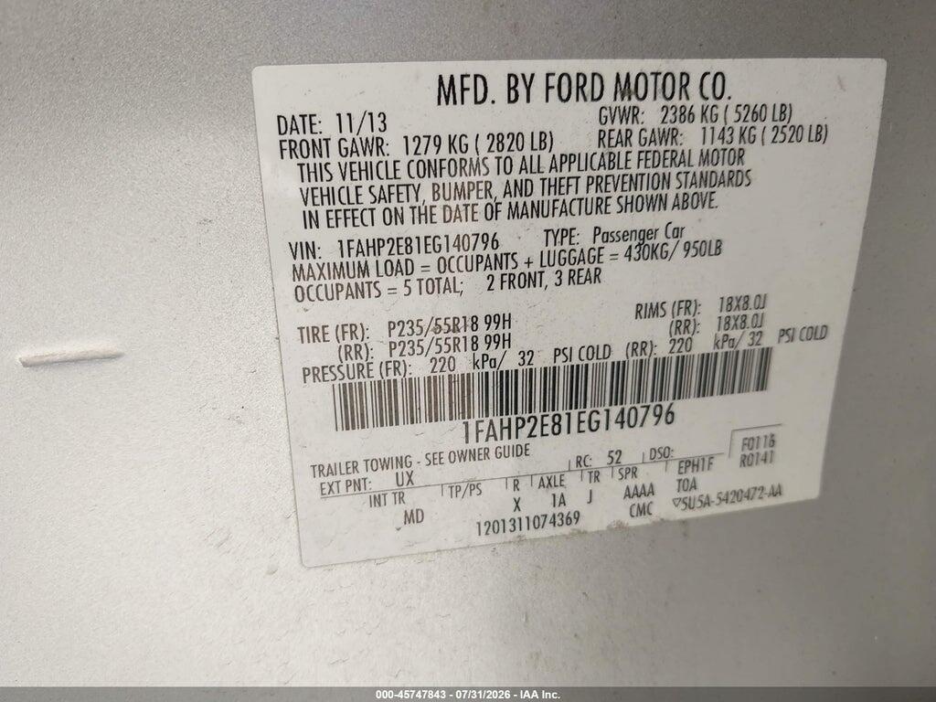 1FAHP2E81EG140796 2014 FORD TAURUS photo no. 9