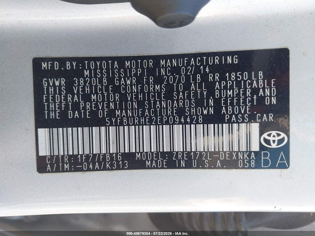 5YFBURHE2EP094428 2014 TOYOTA COROLLA photo no. 9