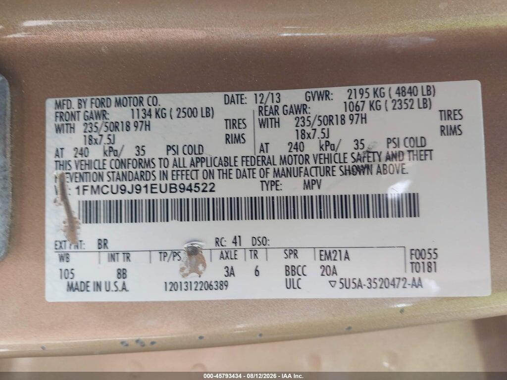 1FMCU9J91EUB94522 2014 FORD ESCAPE photo no. 9