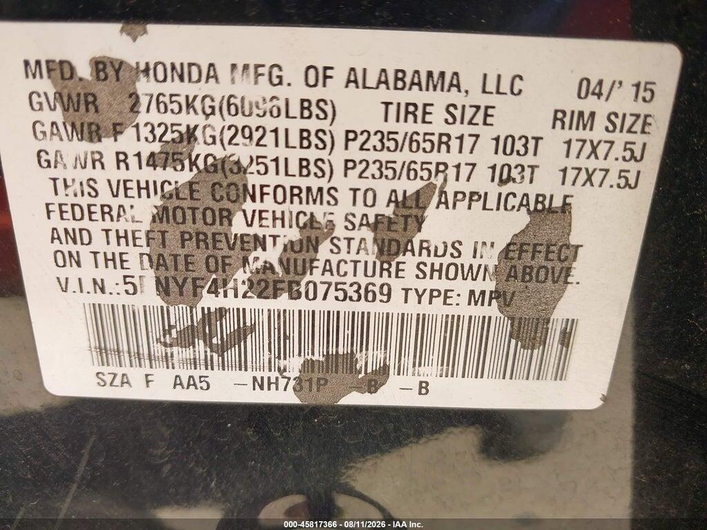 5FNYF4H22FB075369 2015 HONDA PILOT photo no. 9