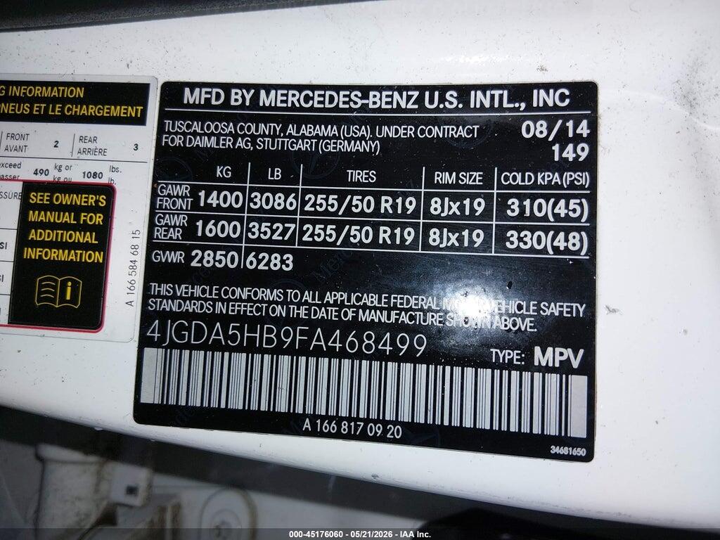 4JGDA5HB9FA468499 2015 MERCEDES-BENZ ML 350 photo no. 9