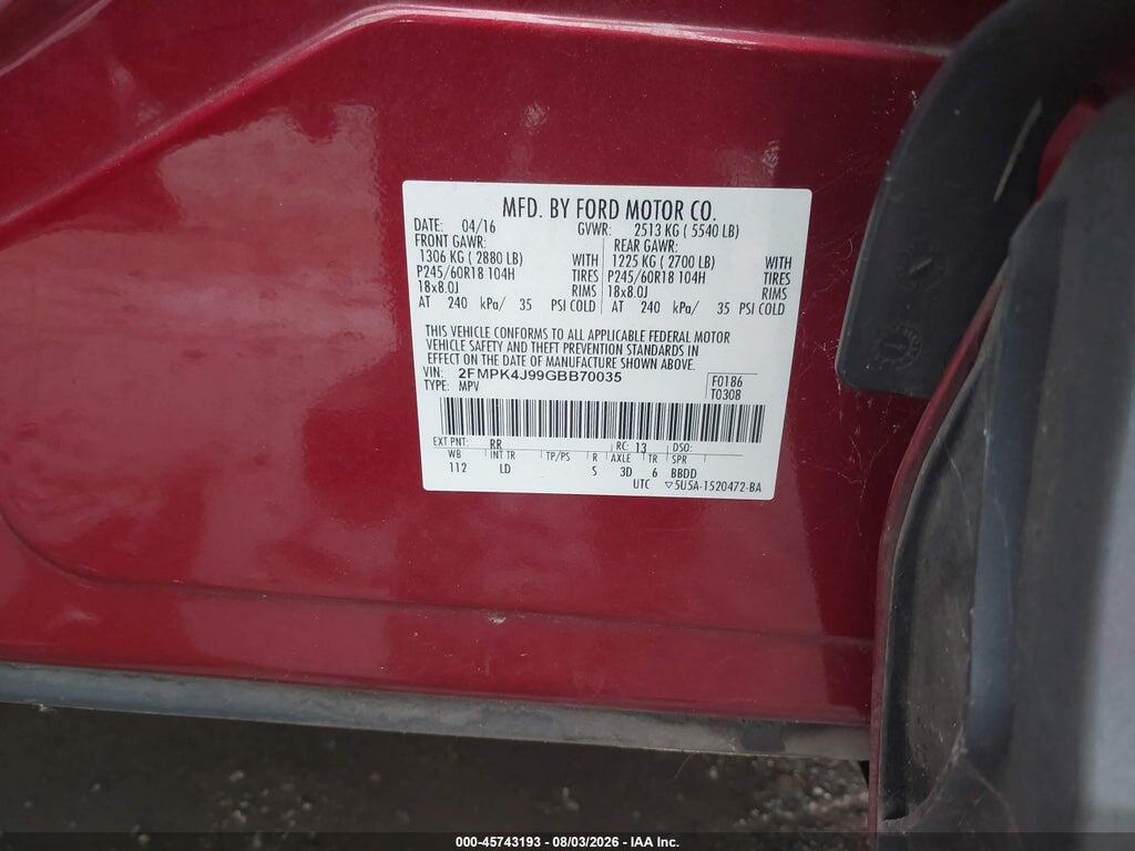 2FMPK4J99GBB70035 2016 FORD EDGE photo no. 9