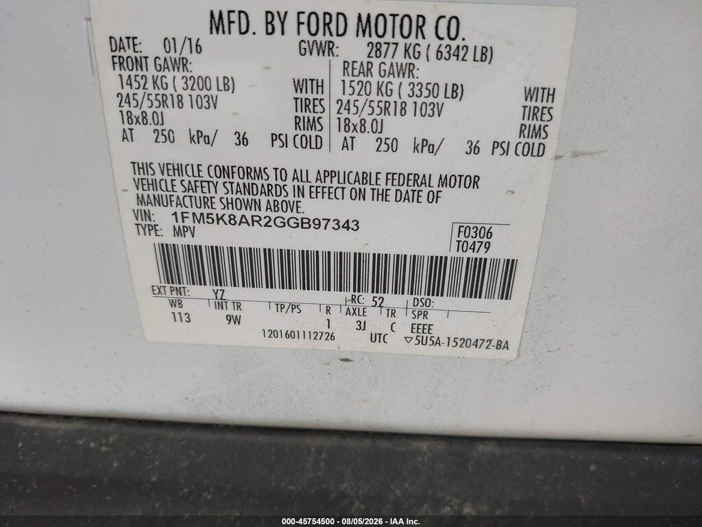 1FM5K8AR2GGB97343 2016 FORD UTILITY POLICE INTERCEPTOR photo no. 9